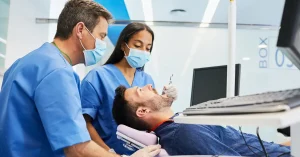 Dentists providing emergency dental treatment to a male patient in a modern dental office setting.